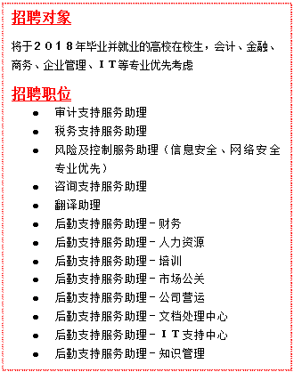 文本框:招聘对象
将于２０１８年毕业并就业的高校在校生，会计、金融、商务、企业管理、ＩＴ等专业优先考虑
招聘职位
•	审计支持服务助理
•	税务支持服务助理
•	风险及控制服务助理（信息安全、网络安全专业优先）
•	咨询支持服务助理
•	翻译助理
•	后勤支持服务助理－财务
•	后勤支持服务助理－人力资源
•	后勤支持服务助理－培训
•	后勤支持服务助理－市场公关
•	后勤支持服务助理－公司营运
•	后勤支持服务助理－文档处理中心
•	后勤支持服务助理－ＩＴ支持中心
•	后勤支持服务助理－知识管理
•	后勤支持服务助理－风险与质量
